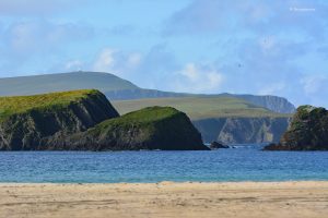 Tombolo i zielona wyspa św. Niniana, Szkocja, Wyspy Szetlandzkie